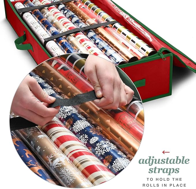 Premium Wrapping Paper Organizer Storage | Gift Wrap Holder With Extra Pockets for Christmas Decorations, Reinforced Handles, Heavy Duty, Ultra-Durable, Tear-Proof Fabric - Fits Up to 27 Rolls (Red) - Image 4