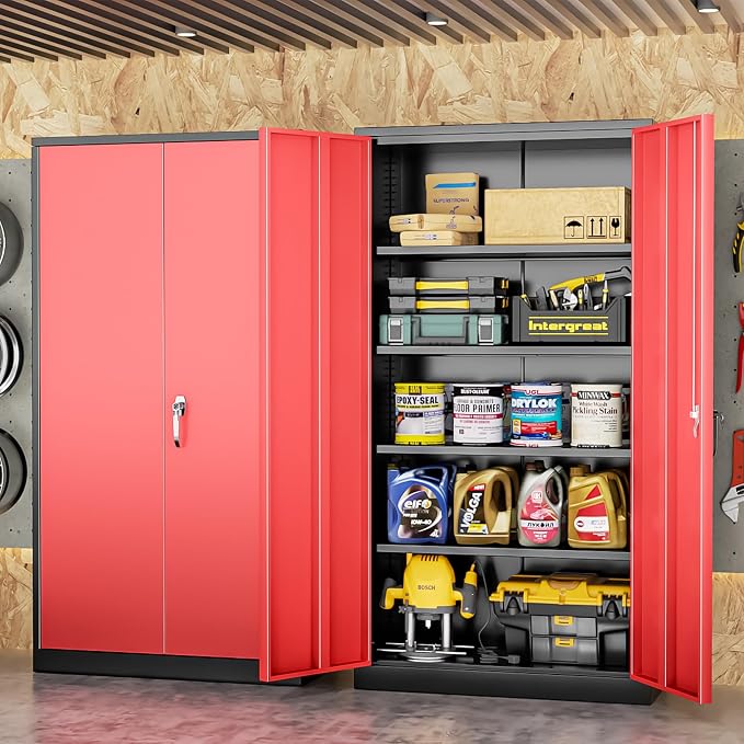 Metal Storage Cabinet with Doors, 72" Locking Steel Storage Cabinet with Shelves, Tall Metal Cabinet Lockable Steel Cabinets for Home Office, Garage,(Black+Red) - Image 2