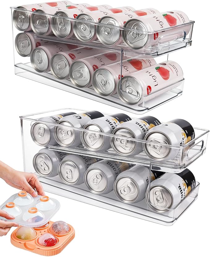 2 Pack Rolling Soda Can Dispenser for Refrigerator with 1 Pack Ice Ball Maker, Pantry Organization and Storage 2-Layer Beverage Holder for Fridge, Clear by Unknown