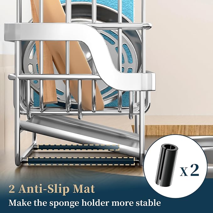 Consumest Sponge Holder for Kitchen Sink - Sink Caddy with Stainless Steel Self Drain Tray, Sink Organizer with High Brush Holder Countertop for Kitchen Sink Accessories, Silver - Image 6