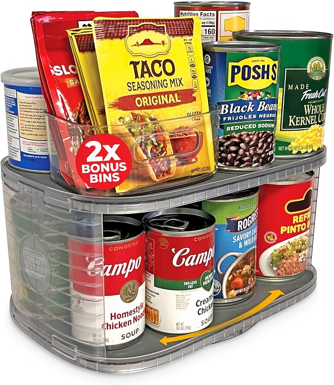 2-Tier Lazy Susan Organizer for Cabinet, Steel Reinforced | Two Rotating Steel-Reinforced Shelves, Holds 30 lbs, 360-Degree Rotation, 2 Bonus Clear Bins, BPA-Free, Patented USA Design by InspiredProducts