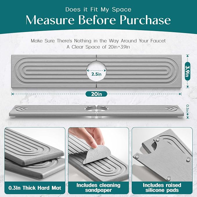 Faucet Mat for Kitchen Sink - Diatomaceous Earth Faucet Splash Guard, Fast Drying Sink Protector - Water Absorbing Stone for Bathroom Sink (Grey, 20'' x 3.9'') - Image 2