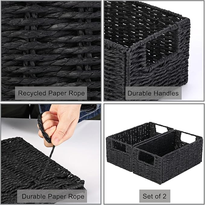 Wicker Storage Basket, Set of 2 Hand-Woven Paper Rope Wicker Basket, Small Storage Baskets for Organizing Toilet Paper Basket, Foldable Large Cube Storage Organizer Bins for Shelves (Black) - Image 6