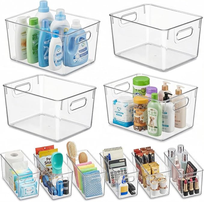 MOONEDGE 10 Pack Clear Plastic Storage Organizer Bins, 4 Large & 6 Narrow | Under-Sink Storage Containers, Kitchen, Pantry, Bathroom, Cabinet Organization, Clear Bins for Organizing, Deep Narrow Bins by MOONEDGE