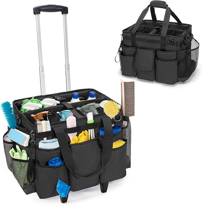 LoDrid Professional Rolling Cleaning Bag with Detachable Trolley, Black | Portable Cleaning Cart with Shoulder Strap for Housekeepers, Patent Design by LoDridDirect