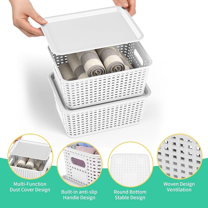 8 Pack Plastic Storage Baskets,White Stackable Bins with Lid | 5.3qt Storage Containers with Labels for Organizing Shelves Drawers Desktop Closet Playroom Classroom Office - Image 2