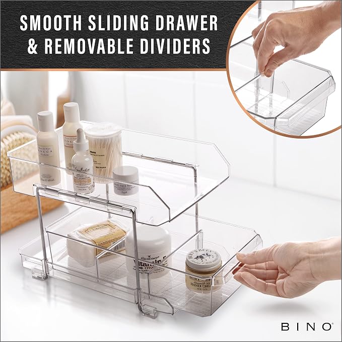 BINO 2 Tier Clear Storage Organizer with Dividers | Bottom Slide Out Drawer for Under Sink, Medicine Cabinet | Bathroom Closet, Vanity, Pantry Organizer | Under Cabinet Storage for Bathroom & Kitchen - Image 5
