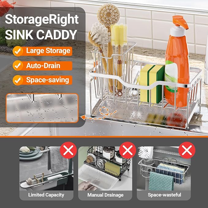 StorageRight Sponge Holder for Kitchen Sink, Sink Caddy Organizer, Silver | Rustproof Kitchen Sink Organizers with High Brush Holder & Self Drain Tray, Anti-Slip Kitchen Countertop Storage Essentials - Image 4