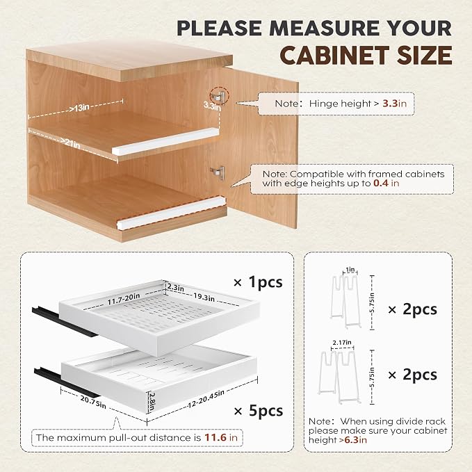 Seinloes 6 Pack Pull Out Cabinet Organizer 21"Deep with Raising Pad for Framed Cabinets,Expandable Slide Out Drawers with 4pcs Divider Racks,Roll Out Shelf Adhesive,Adjustable Width 12.05"-20.4"White - Image 4
