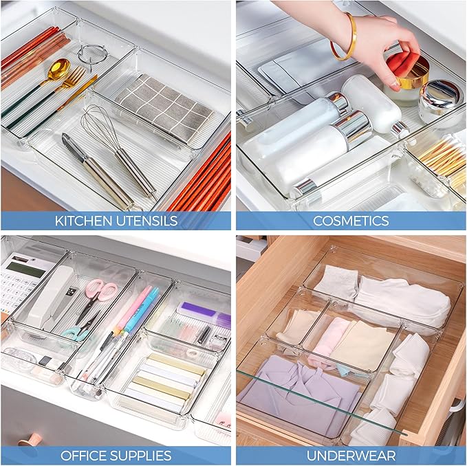 Ravinte 6 Pack Drawer Organizer, 3" x 6" Plastic Storage Bins | Acrylic Tray Design, Non-Slip Pads, For Makeup, Jewelry, Kitchen Utensils, Bathroom, Office Storage - Image 7