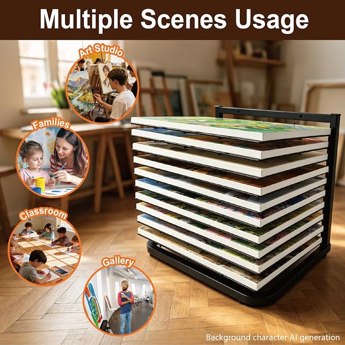 LIAQICHA Art Drying Rack for Classroom - 10 Removable Shelves, Wall/Tabletop Art Rack & Storage Rack for Art Studio, Craft Room, Desktop - Canvas, Painting, Paper Drying Rack, Print Display Rack - Image 5