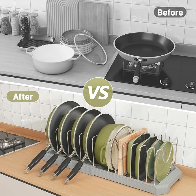 Expandable Pan Organizers Inside Cabinet with 12 Dividers Grey | Extends 12.9-21.9", Holds cookie sheets, cutting boards, pot lids and pans, iron dividers, plastic base, under cabinet rack - Image 5