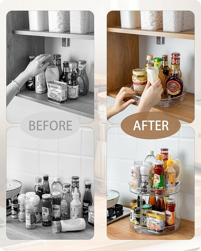 2-Tier Lazy Susan Organizer, Clear PET Rotating Tray 11-Inch | Double Layer Vertical Storage Rack for Kitchen Pantry or Bathroom Vanity, Smooth 360 Spin Access with 1.6 In Anti Drop Edges - Image 3