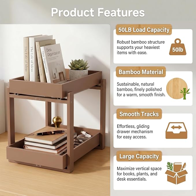 Bamboo Under Sink Organizer Adjustable Height 2 Tier Bathroom Organizer Pull Out Cabinet Storage Kitchen Heave Duty Wood Slide Ou Shelf for Kitchen Bathroom (Black, 2 Packs) (Brown, 2 Pack) - Image 2