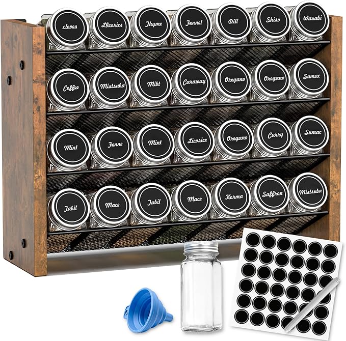 Spice Rack Organizer with 28 Glass Jars, for Cabinet Wall Mount Countertop | 4-Tier Seasoning Organizer with Labels, Chalk Marker & Funnel for Pantry, Kitchen Storage, Wood, 14 in W x 9.4 in H by NESAPTO