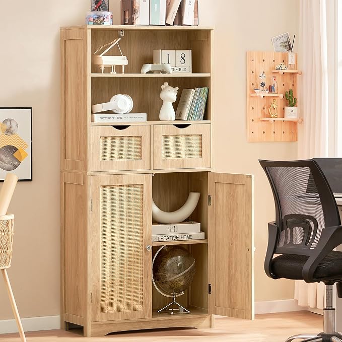 Iwell Tall Storage Cabinet, Rattan Cabinet with 2 Drawers & Adjustable Shelf, Kitchen Pantry Storage Cabient, Entryway Cabinet for Living Room, Dining Room, Home Office, Natural - Image 5