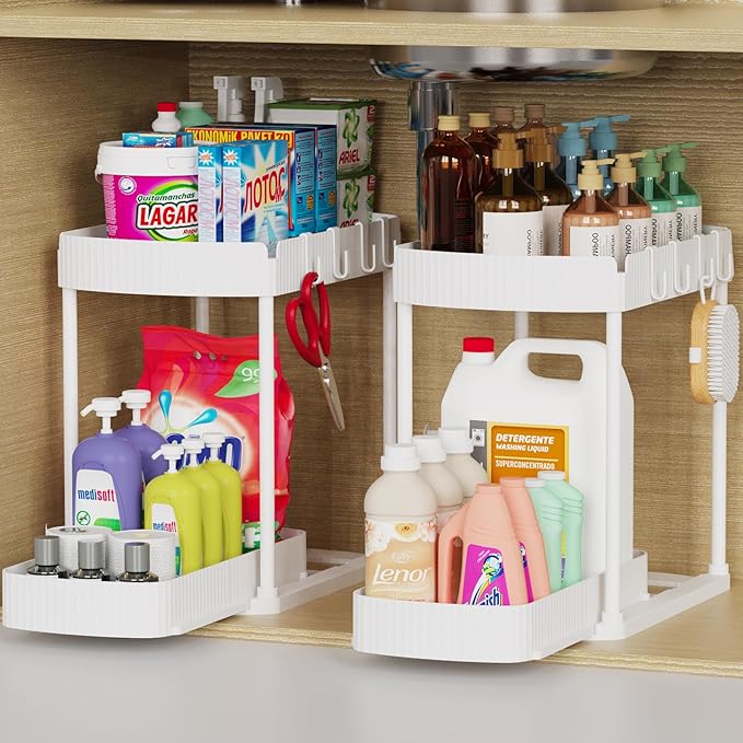 2 Packs Under Sink Pull-Out Storage Organizers, 14.8 Inches, White | Multi-Purpose Cabinet Organizers and Storage for Bathroom & Kitchen by ukeetap