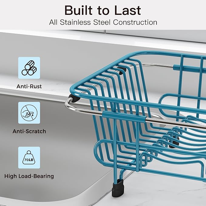JASIWAY Blue Dish Drying Rack in Sink with Utensil Holder, RV, Apartment | Over Sink Expandable Stainless Steel Dish Drainers for Compact Kitchen, Space Saving, Fast Drain, Rustproof, For 1-2 people - Image 7