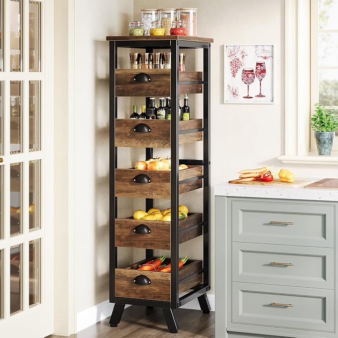 Tribesigns 5-Tier Narrow Kitchen Stand Fruit and Vegetable Storage Rack | Wood Corner Snack Stand Kitchen Stand Fruit Basket, Pull-Out Utility Organizer for Kitchen, Living Room, Rustic Brown by Unknown