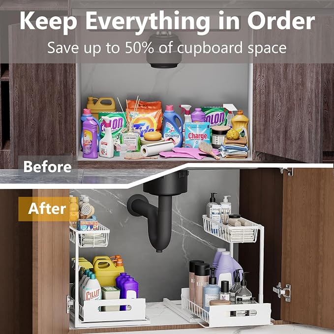 Ceetug Slide Out Under Sink Organizers and Storage, White, 2 Pack | 2 Tier, Sturdy Metal, Cabinet Organizer, for Kitchen Bathroom - Image 3
