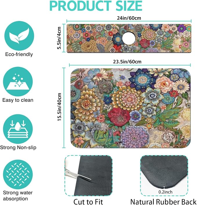 Dish Drying Mat for Kitchen Counter Matt, 2PCS 23"x15" Dish Drainer Mat & 24"x5.5" Sink Splash Guard, Super Absorbent Non-slip Rubber Backed - Image 2