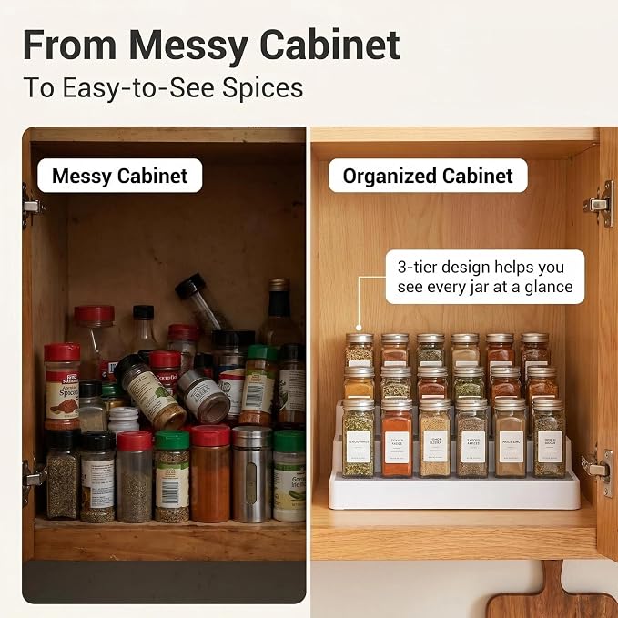 YAN & HIN 3 Tier Spice Rack Organizer for Cabinet, 3 Pack Non-Slip Spice Rack Shelf Organizer, Holds 24+ Jars, Plastic Spice Organizer for Cabinet, Pantry & Kitchen Countertop, White - Image 2
