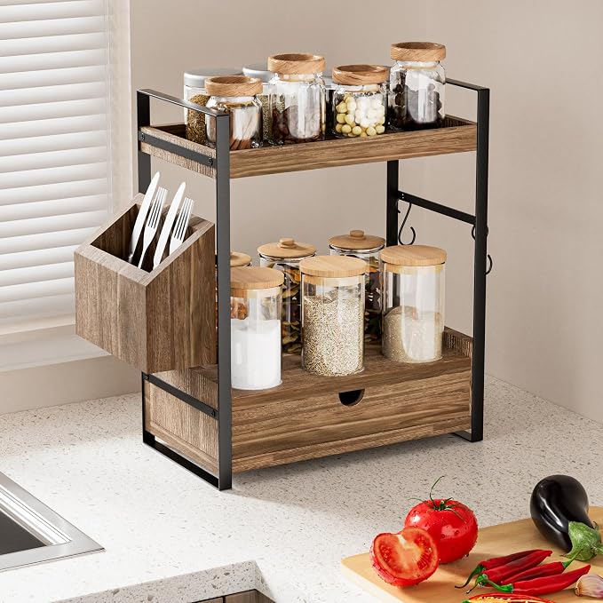 2-Tier Bathroom Counter Organizer, Wooden Vanity Shelf with Drawer & Basket | Pre-Drilled Holes, Skincare & Makeup Countertop Organizer and storage, Dark Brown - Image 6