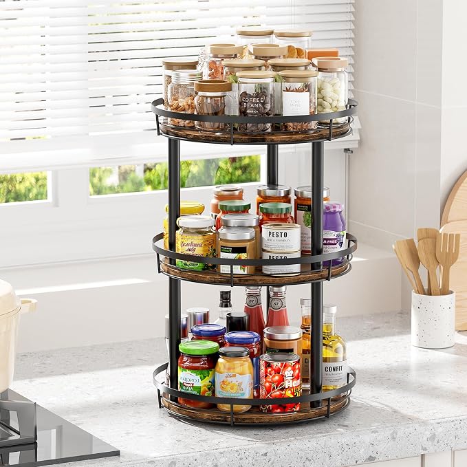 LAMU 12'' Wood Lazy Susan Spice Rack Organizer, 3 Tier Spice Organization for Cabinet, Countertop, Kitchen, Table Top, Pantry, Condiment and Seasoning Rack Organizer - Image 4