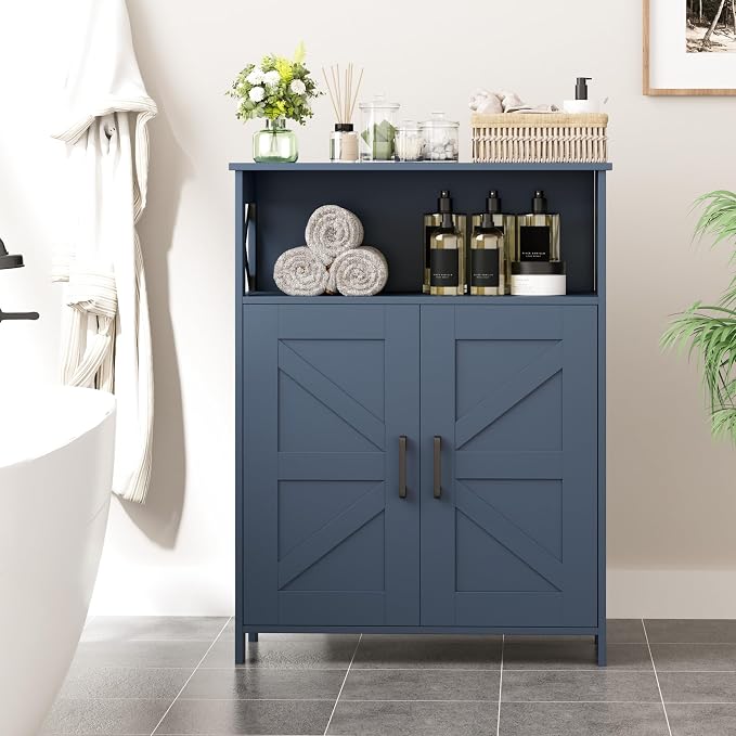 Homhedy Farmhouse Bathroom Storage Cabinet with Doors, Small Floor Cabinet | Toilet Paper Cabinet with Adjustable Shelf, Freestanding Storage Cabinet for Kitchen/Laundry/Living Room, 24"W, Blue - Image 11