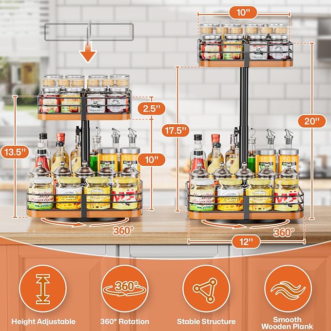 12 Inch Square Lazy Susan Organizer, 2 Tier Adjustable Wood Rack | Removable Divider Rack, 360° Rotating, Adjustable Height, For Pantry, Cabinet, Bathroom & Dining Table - Image 2