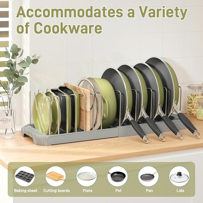 Expandable Pan Organizers Inside Cabinet with 12 Dividers Grey | Extends 12.9-21.9", Holds cookie sheets, cutting boards, pot lids and pans, iron dividers, plastic base, under cabinet rack - Image 4