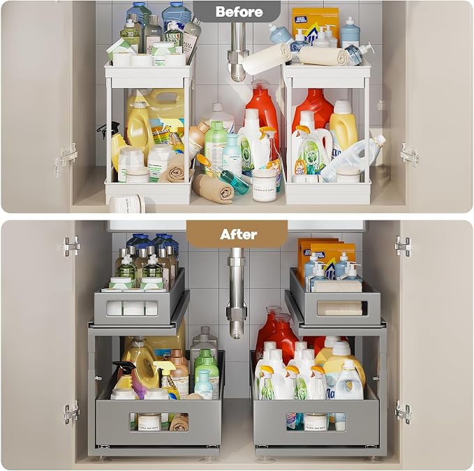2 Pack 21.3IN-Depth Under Sink Organizer with Next-Gen Ball-Bearing Slides,2-Tier Pull Out Cabinet Storage,Height Adjustable Drawer Shelf for Bathroom,Kitchen,Laundry,Cabinet,Pantry-Gun Gray - Image 6