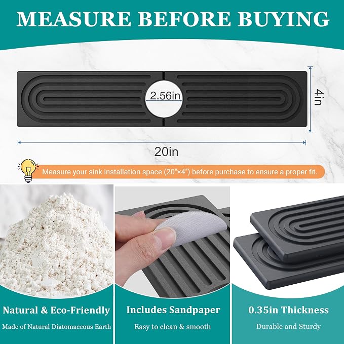 Stone Faucet Mat for Kitchen Sink - Quick Dry Diatomite Sink Splash Guard, Prevents Moisture Buildup & Water Stains, Water Absorbing Stone Tray for Bathroom Countertop (Dark Gray, 20" x 4") - Image 3