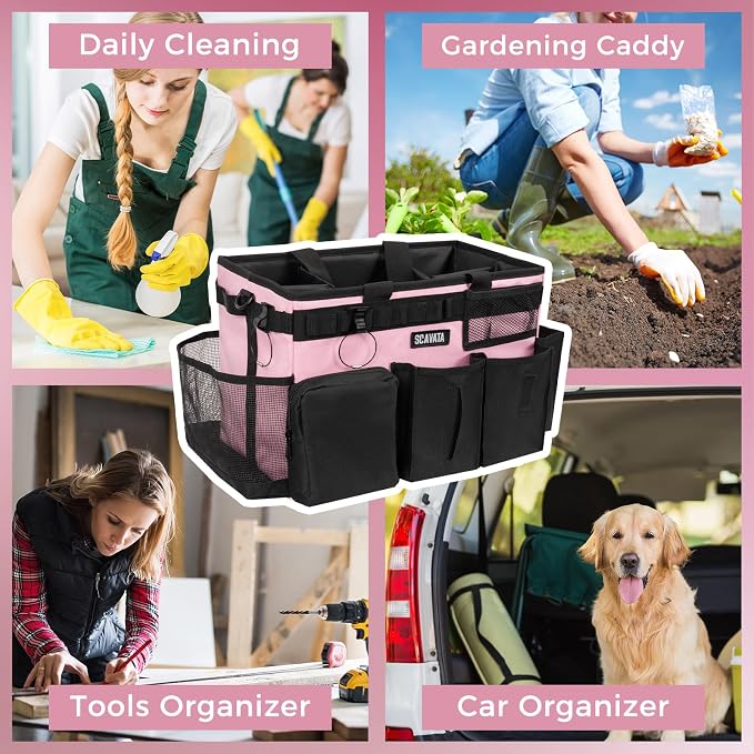 SCAVATA Wearable Cleaning Caddy Bag, Cleaning Caddy Supplies Organizer with Handle & Shoulder Straps for Housekeepers, Under Sink & Car Cleaning Tool Organizers with 4 Foldable Divider (SweetPink) - Image 7