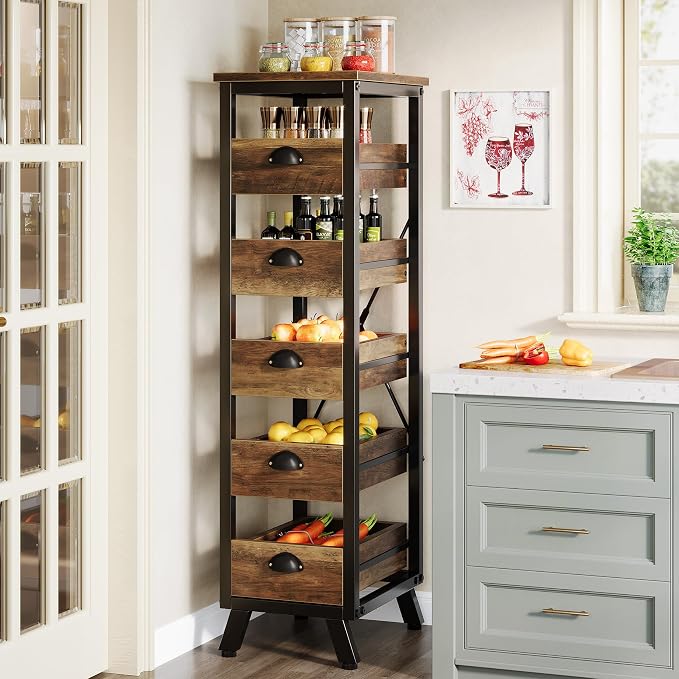 Tribesigns 5-Tier Kitchen Stand Fruit and Vegetable Storage Rack Set of 2 | 5-Tier Narrow Wood Corner Snack Stand Fruit Basket, Pull-Out Utility Organizer for Kitchen, Living Room, Rustic Brown - Image 4