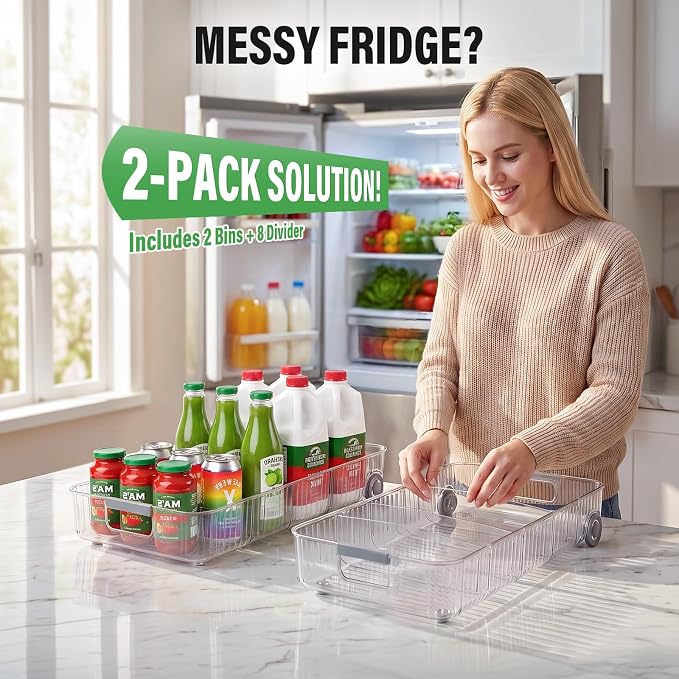 Pull Out Fridge Organizer Bins with Wheels, 8 Dividers, 2-Pack | Clear PET storage bins with handles, rear wheels and adjustable dividers for refrigerator, pantry and cabinet shelves - Image 5