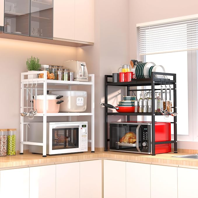 PUSDON 3-Tier Expandable Microwave Oven Rack, Countertop Baker's Rack Style Shelf, Heavy Duty Adjustable Standing Shelf with Hooks, 160lbs Capacity Kitchen Space Saver, Matte Black - Image 2