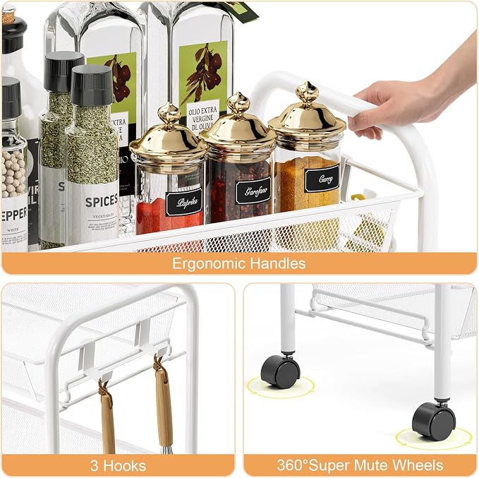 TOOLF 4 Tier Rolling Cart, Metal Utility Storage Cart with Wheels, White | 3 Hooks, Screwless Assembly, Trolley Organizer for Bathroom, Kitchen, Office, Nursery, Dorm, Laundry Room - Image 5
