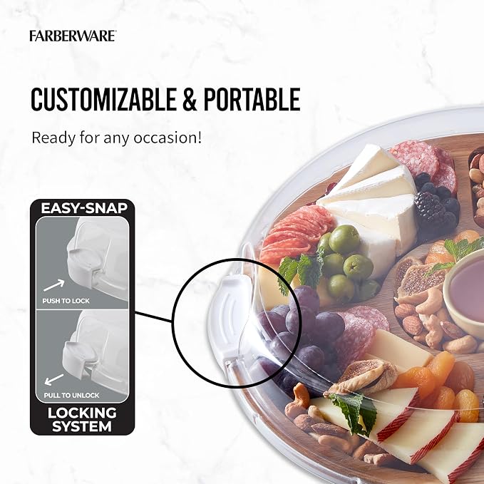 FARBERWARE Build-a-Board Cutting Board with Lazy Susan Turntable, Five Compartments, and Clear Locking Lid for Charcuterie, Snacks, and More, Acacia - Image 8