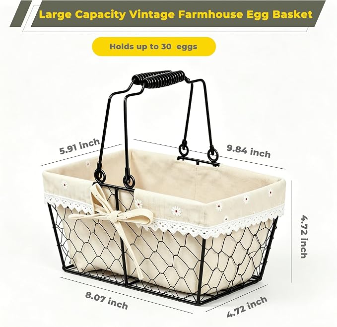 Farmhouse Vintage Metal Wire Chicken Egg Basket with Handle, Square Storage Basket with Removable Linen Liner, Decorative Countertop Organizer for Gathering Fresh Eggs, Fruits and Vegetables - Image 3