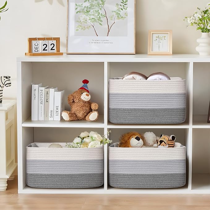 4 Pack Large Storage Basket for Organizing, 17.5"x13"x7" Woven Basket for Shelves, Closet Cube Storage Bins with Wrapped Handle, Cotton Rope Baskets for Kitchen, Clothes, Toys(Gradient Grey) - Image 4