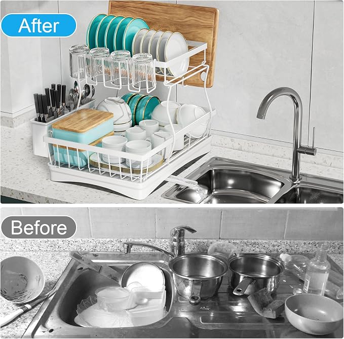 7 code 2-Tier Large Dish Drying Rack for Kitchen Counter, White | Detachable Large Capacity Dish Drainer Organizer with Auto Drain, Anti-Rust Dish Rack with Cup & Utensil Holders - Image 5