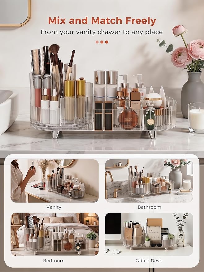 Booklov Rotating Makeup Organizer for Vanity Countertop, Clear | Clear Acrylic Cosmetic Display Case, Large Beauty Brush Holder for Bathroom Counter, Skincare Lipsticks Storage - Image 7
