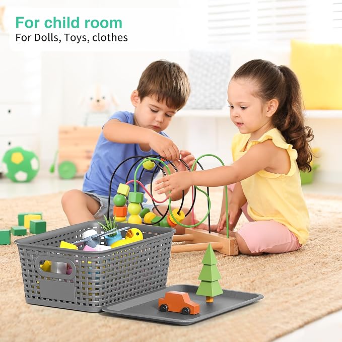 8 Pack Plastic Storage Baskets,Grey Stackable Bins with Lid | 5.3qt Storage Containers with Labels for Organizing Shelves Drawers Desktop Closet Playroom Classroom Office - Image 4