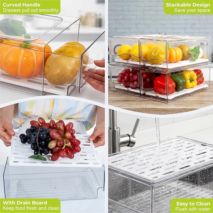 4Pack Fridge Organizer, Stackable Refrigerator Organizer Bins | Reusable Food Storage Containers, BPA-Free with Drain Tray for Kitchen, Refrigerator, Pantry (4 Drawers, Large, Medium) - Image 4