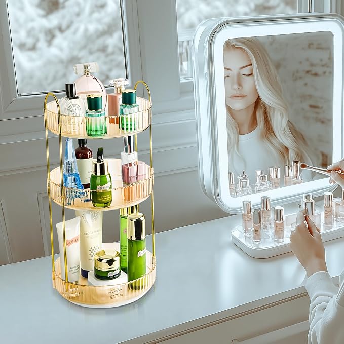 360 Rotating Makeup Organizer - Large Capacity Spinning Perfume & Cosmetic Skincare Holder for Vanity & Countertop (Vibrant Orange, 3 Tier) - Image 7