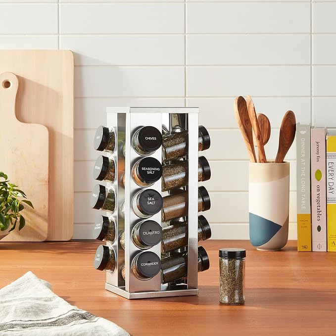Kamenstein 20 Jar Heritage Revolving Countertop Spice Rack Organizer with Spices Included, FREE Spice Refills for 5 years, Brushed Stainless Steel with Black Caps - Image 2