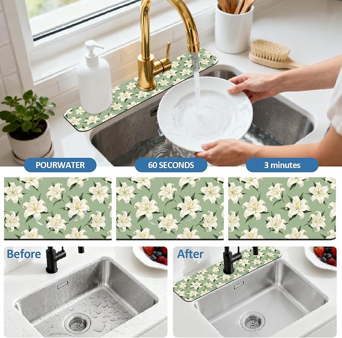 2 Pcs Kitchen Sink Splash Guard Faucet Mat Lily Faucet Mat for Sinks Flowering Plant Absorbing Drying Mats for Kitchen Bathroom, 23.6x5.5inch - Image 5