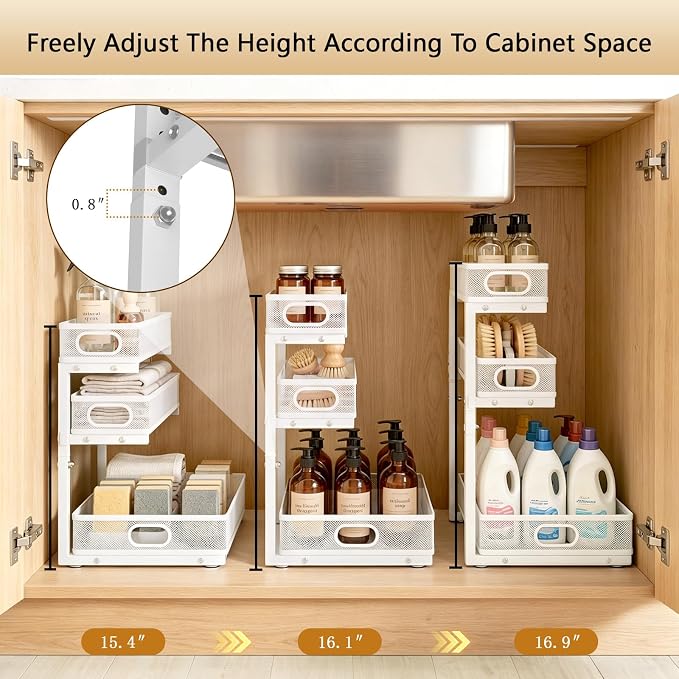 Under Sink Organizer, 2-Pack 3-tier Under Sink Storage Organizer Adjustable Height Easy Assembly Pull Out Cabinet Organizers Basket for Bathroom Kitchen Pantry Home Organization - Image 5