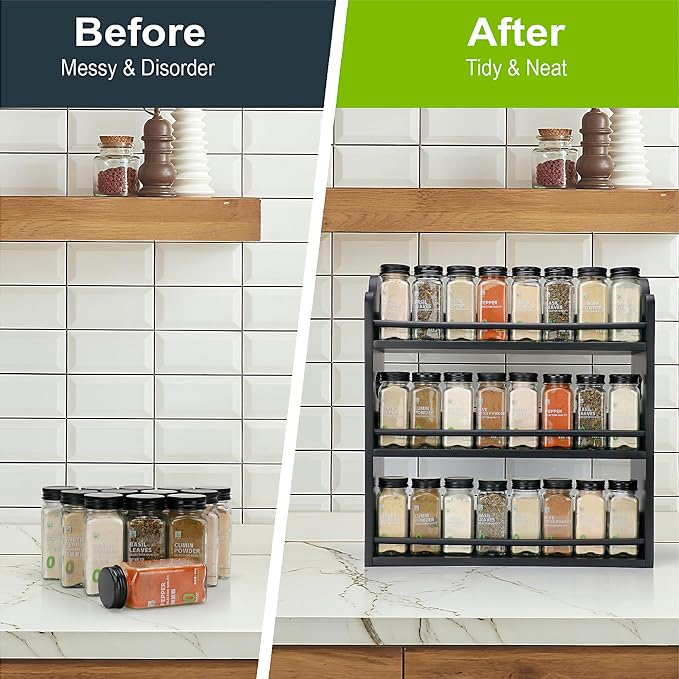 3-Tier Bamboo Spice Rack, Wall Mount & Countertop Spice Organizer | Seasoning Jars Rack Shelf Spice Organizer for Kitchen, Spice Storage Holder with handles, Front and Rear Protective Design - Image 4